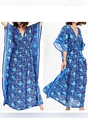 Rujuta Sheth by Anthropologie Maria Cinch Kaftan Blue Garden Print M/L